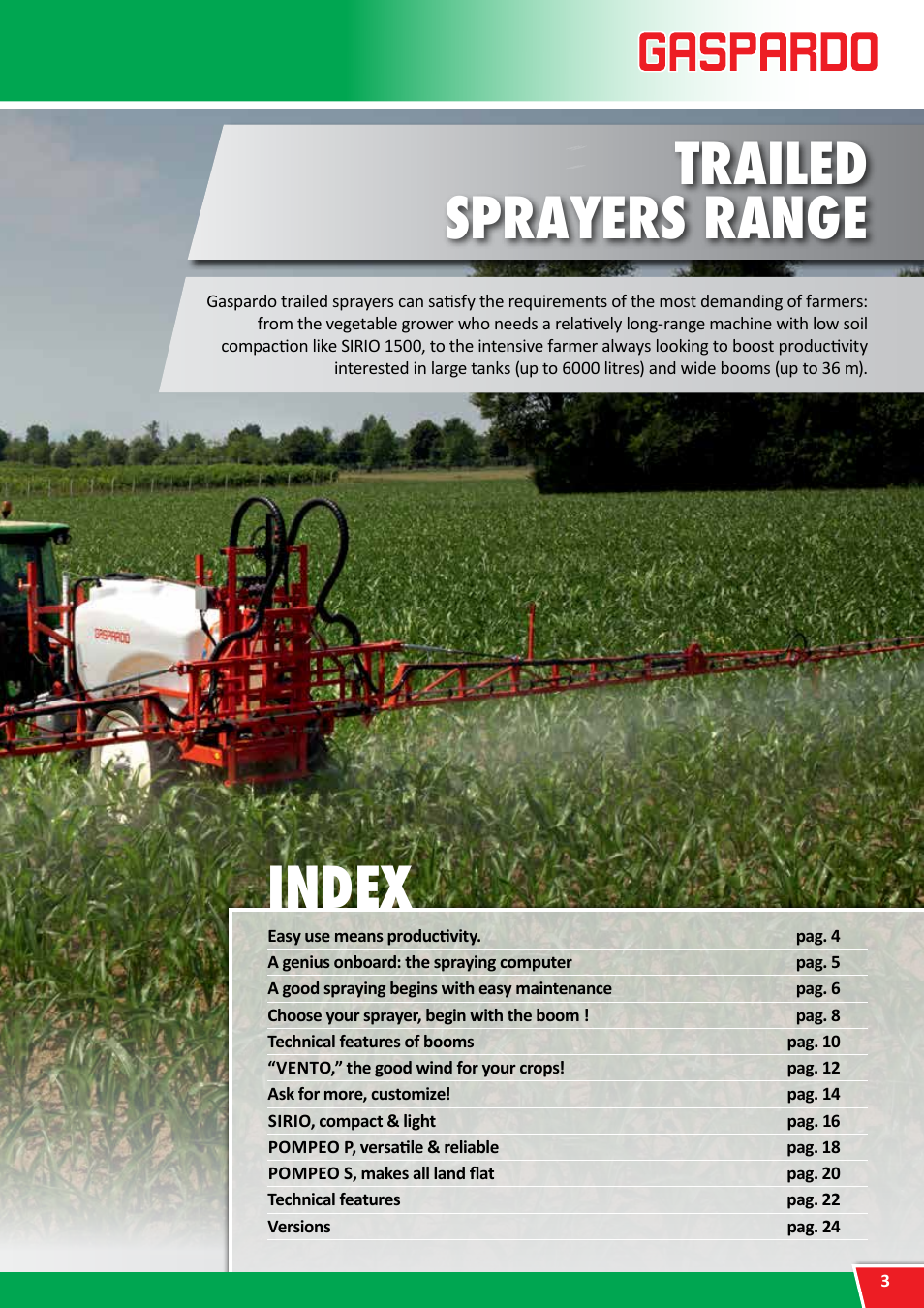 Trailed sprayers, Trailed sprayers range gaspardo sprayers, Index | Your ally for healthy crops | Maschio Gaspardo POMPEO S User Manual | Page 3 / 28