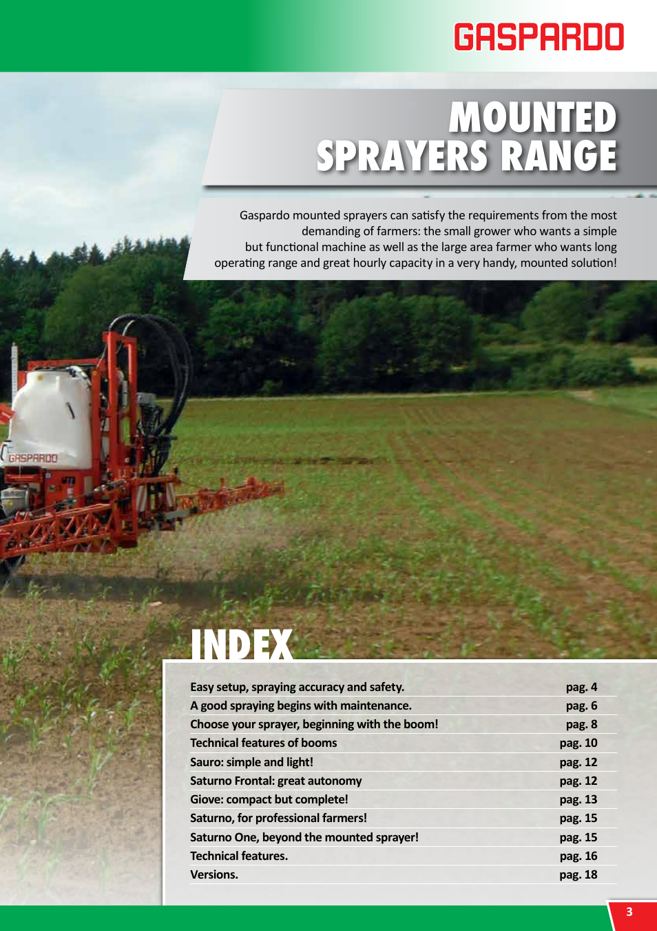 Mounted sprayers, Mounted sprayers range gaspardo sprayers, Index | Your ally for a healthy crops | Maschio Gaspardo SATURNO FRONTAL User Manual | Page 3 / 20