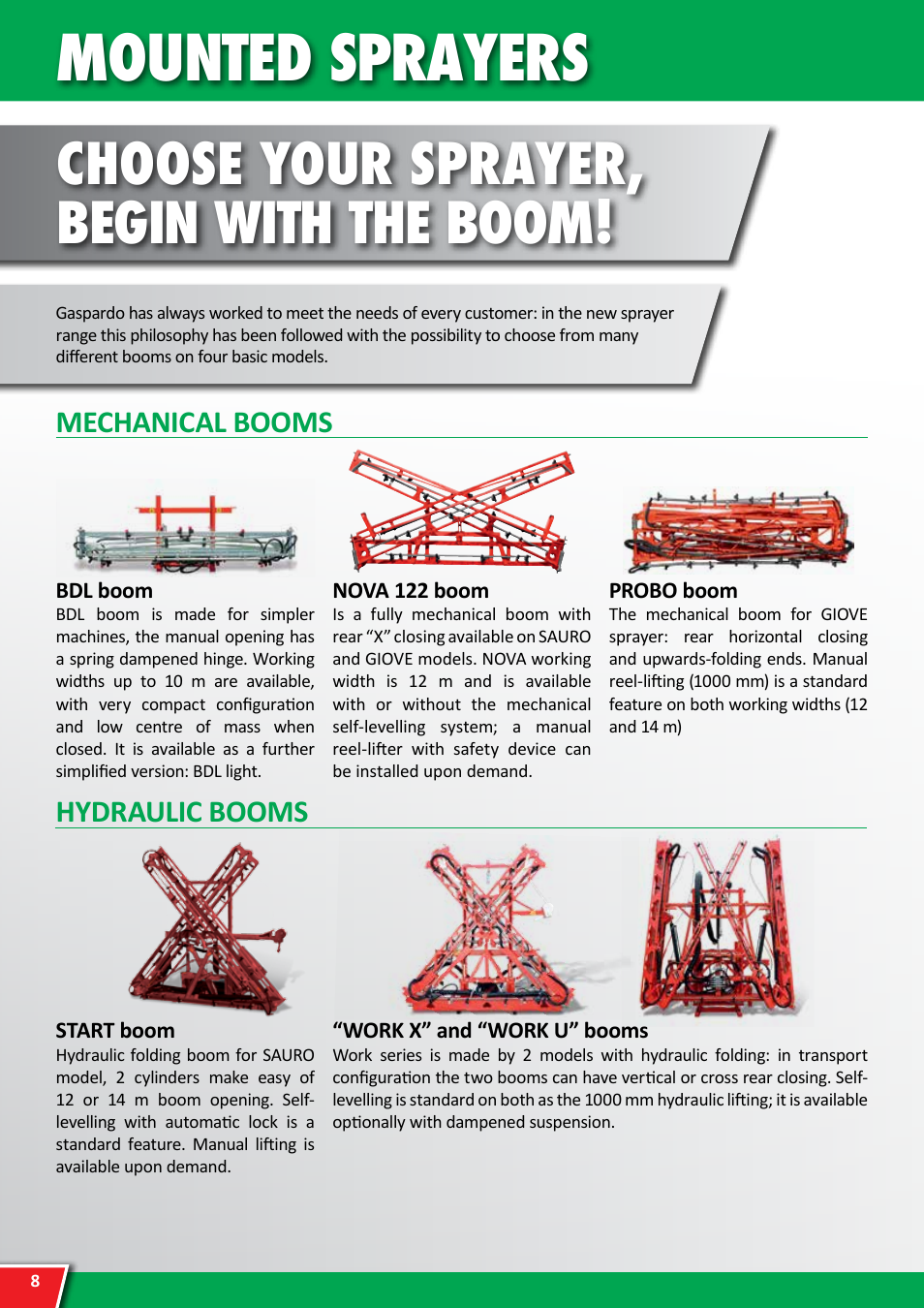 Mounted sprayers, Choose your sprayer, begin with the boom, Mechanical booms | Hydraulic booms | Maschio Gaspardo SATURNO FRONTAL User Manual | Page 8 / 20