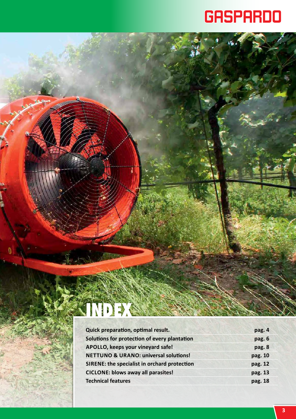 Mist blowers, Gaspardo mist blowers, Index | Complete protection | Maschio Gaspardo APOLLO User Manual | Page 3 / 16