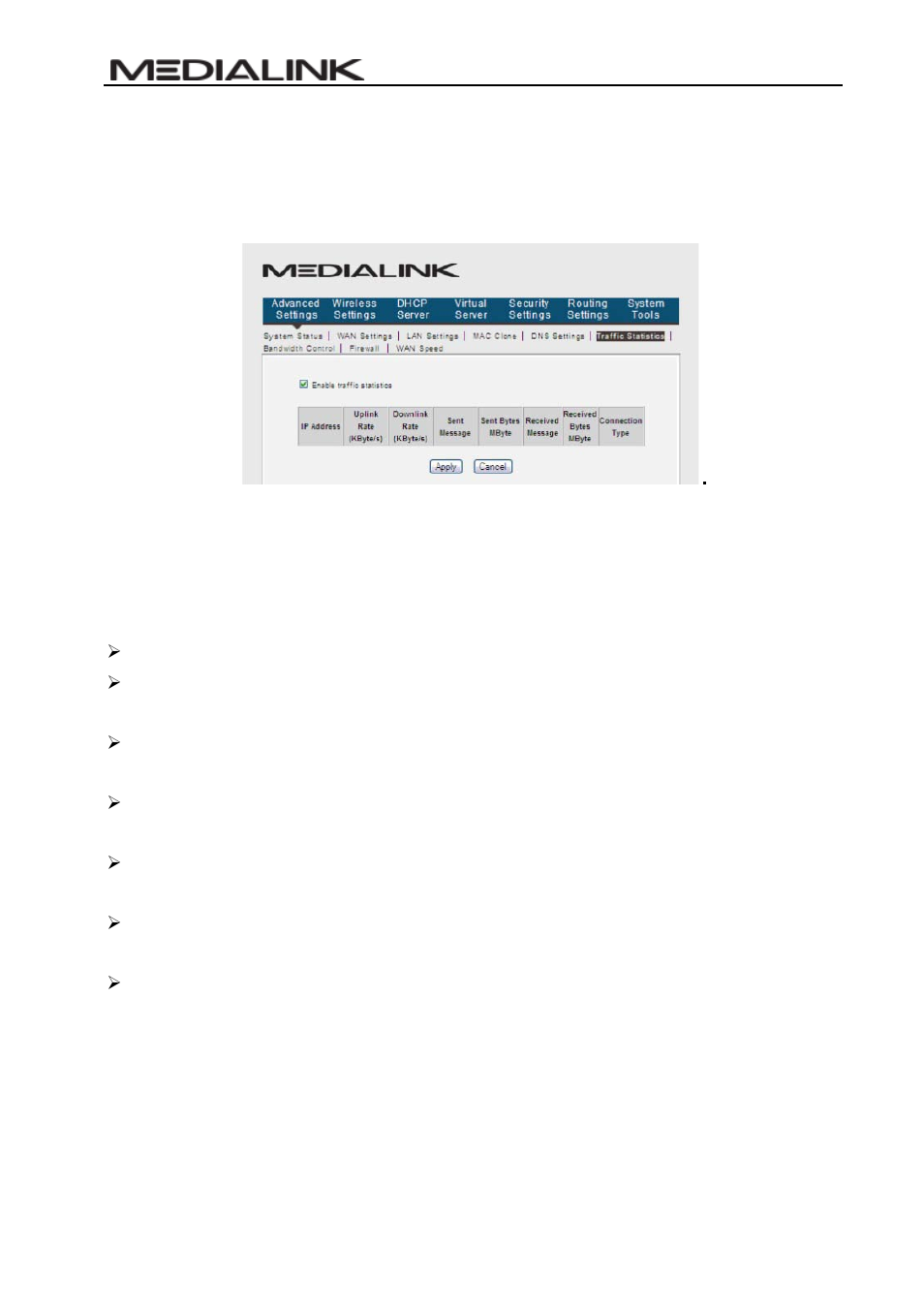 6 traffic statistics, 7 bandwidth control, Raffic | Tatistics, Andwidth, Ontrol | Mediabridge MWN-WAPR150Nv2 User Guide User Manual | Page 25 / 62