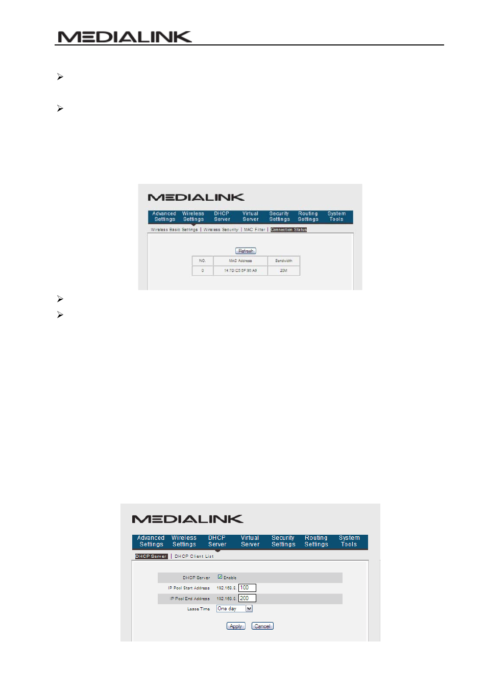 4 connection status, Chapter 6 dhcp server, 1 dhcp server | Onnection, Tatus, Dhcp, Erver | Mediabridge MWN-WAPR150Nv2 User Guide User Manual | Page 38 / 62