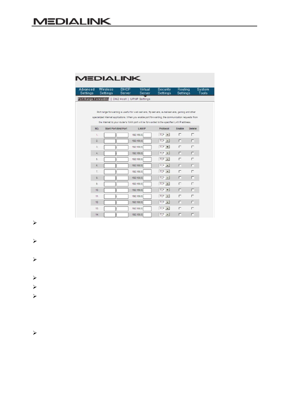 Chapter 7 virtual server, 1 port range forwarding, Ange | Orwarding | Mediabridge MWN-WAPR150Nv2 User Guide User Manual | Page 40 / 62