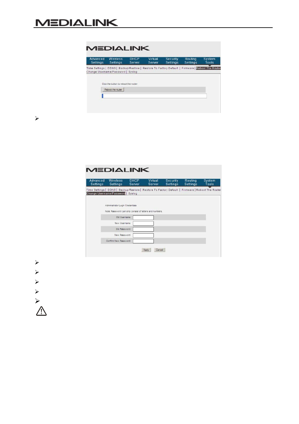 7 change username/password, 8 syslog, Hange | Sername, Assword, Yslog | Mediabridge MWN-WAPR150Nv2 User Guide User Manual | Page 55 / 62