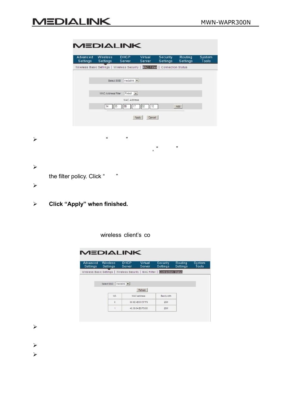 Onnection, Tatus | Mediabridge MWN-WAPR300N User Guide User Manual | Page 44 / 70
