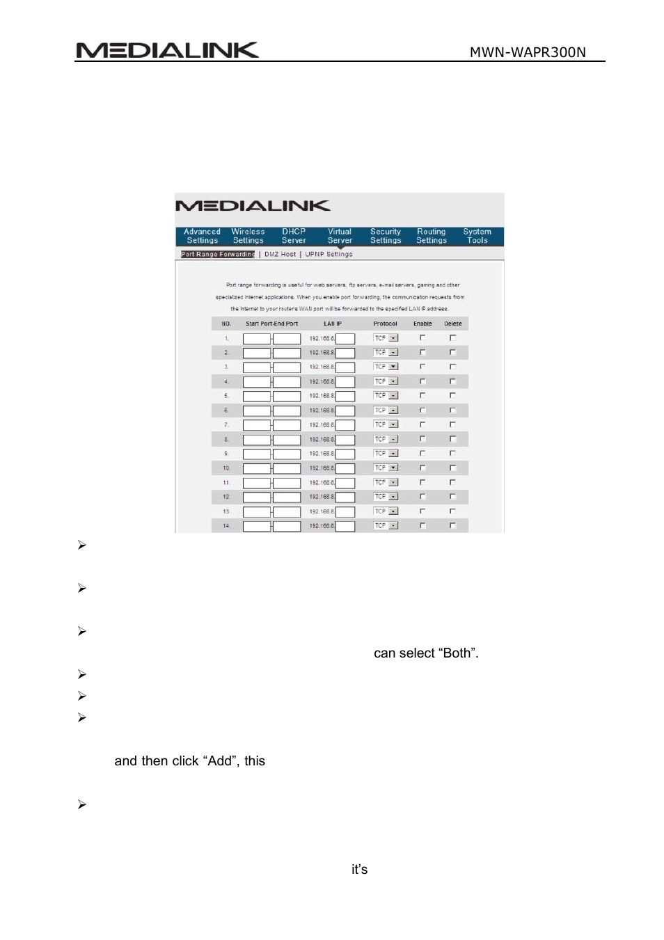 Chapter 7 virtual server, Ange, Orwarding | Mediabridge MWN-WAPR300N User Guide User Manual | Page 47 / 70
