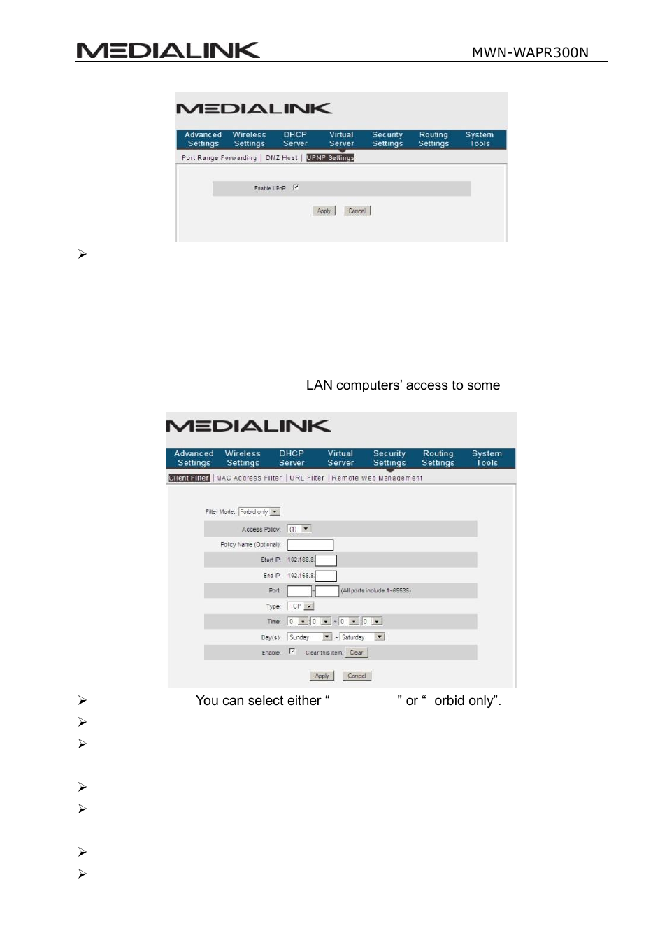 Chapter 8 security settings, Lient, Ilter | Ettings | Mediabridge MWN-WAPR300N User Guide User Manual | Page 50 / 70