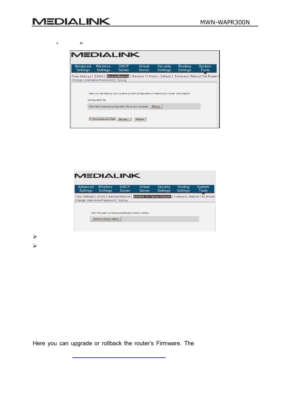 Estore to, Actory, Efault | Irmware | Mediabridge MWN-WAPR300N User Guide User Manual | Page 60 / 70