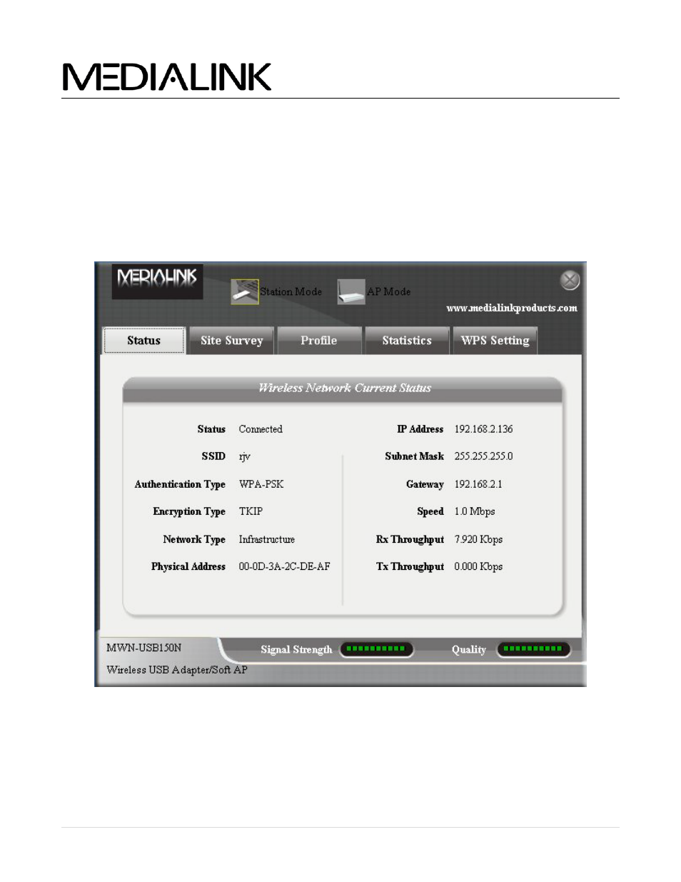 Station mode - “status” tab, Tation, Tatus | Wireless n usb adapter - user guide | Mediabridge MWN-USB150N Windows User Manual | Page 13 / 28