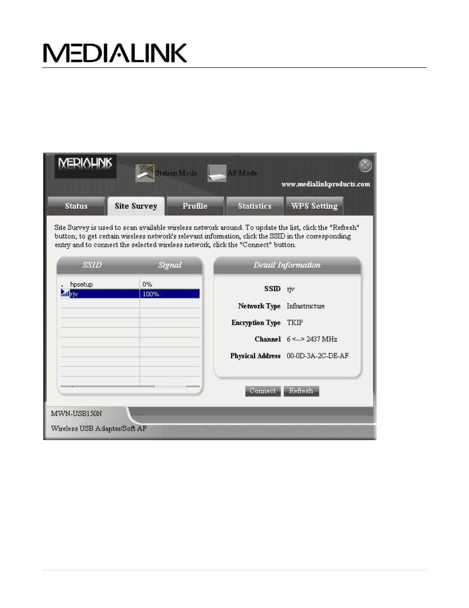 Station mode - “site survey” tab, Tation, Urvey | Wireless n usb adapter - user guide | Mediabridge MWN-USB150N Windows User Manual | Page 14 / 28