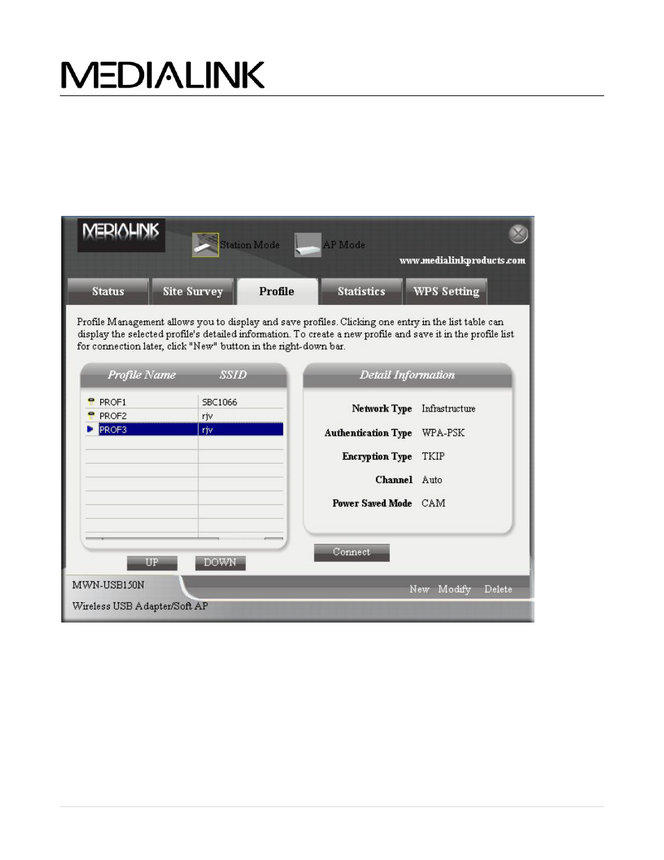 Station mode - “profile management” tab, Tation, Rofile | Anagement, Wireless n usb adapter - user guide | Mediabridge MWN-USB150N Windows User Manual | Page 15 / 28