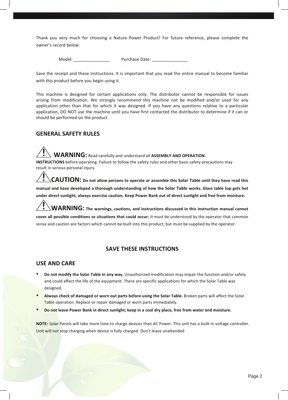 Warning, Caution, General safety rules | Save these instructions use and care | Nature Power SAVANA Solar Patio Table User Manual | Page 2 / 4