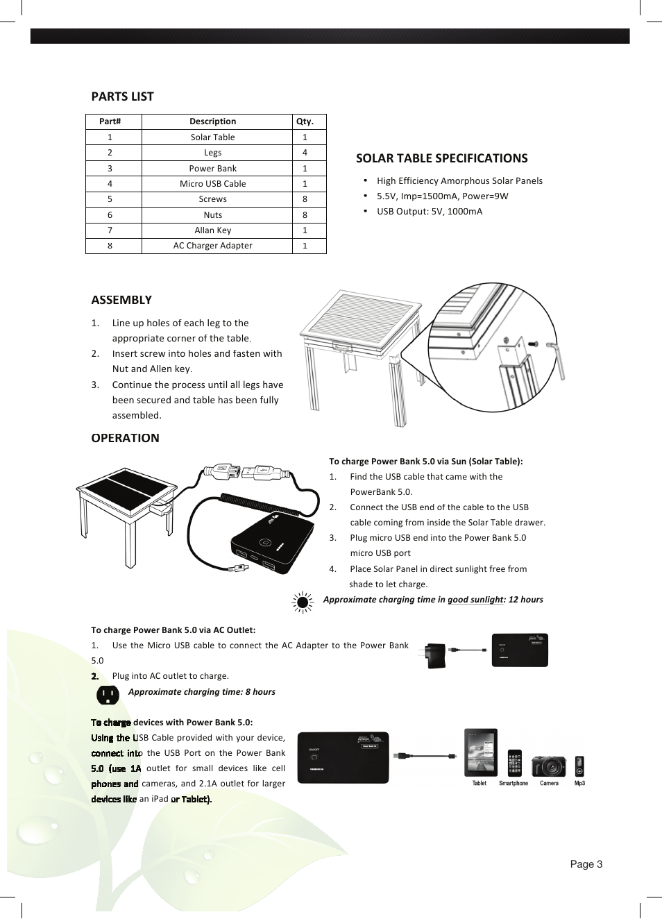 Parts list solar table specifications, Assembly, Operation | Nature Power SAVANA Solar Patio Table User Manual | Page 3 / 4