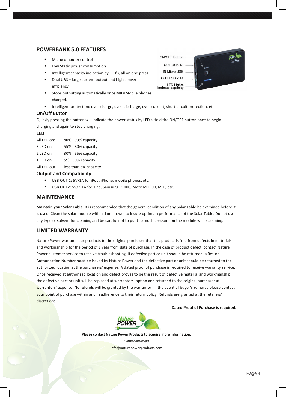 Powerbank 5.0 features, Maintenance, Limited warranty | Nature Power SAVANA Solar Patio Table User Manual | Page 4 / 4