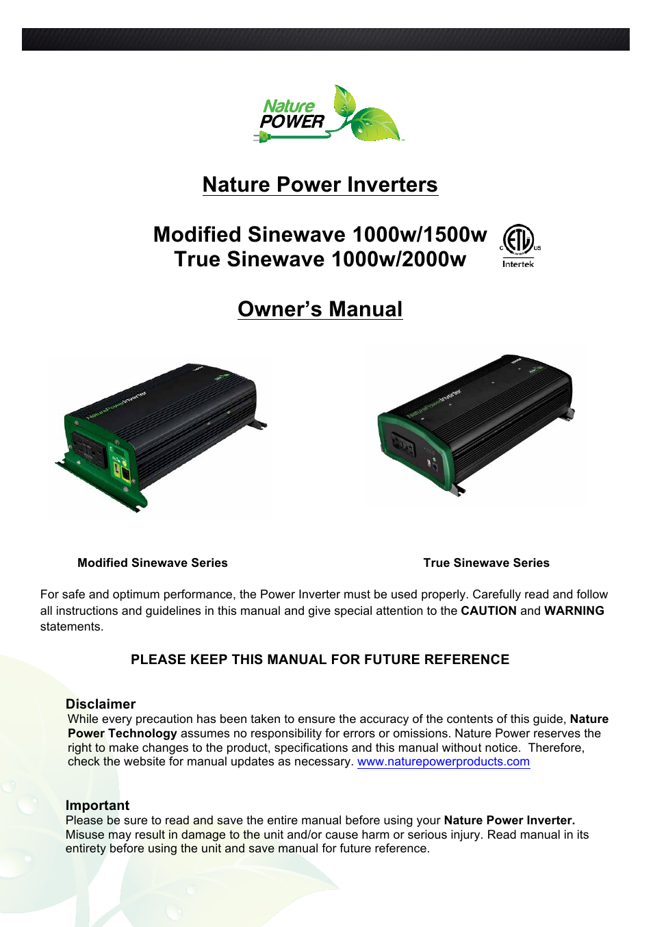 Nature Power True Sinewave Inverter 1000w/2000w User Manual | 11 pages