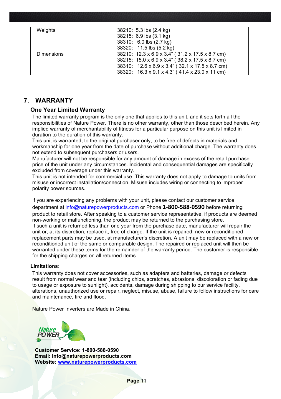 Nature Power True Sinewave Inverter 1000w/2000w User Manual | Page 11 / 11