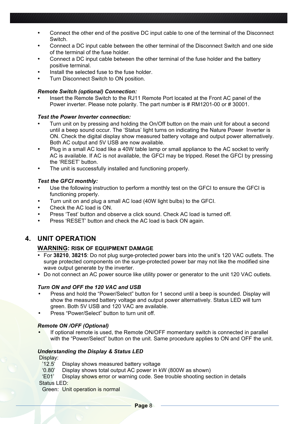 Unit operation | Nature Power True Sinewave Inverter 1000w/2000w User Manual | Page 8 / 11