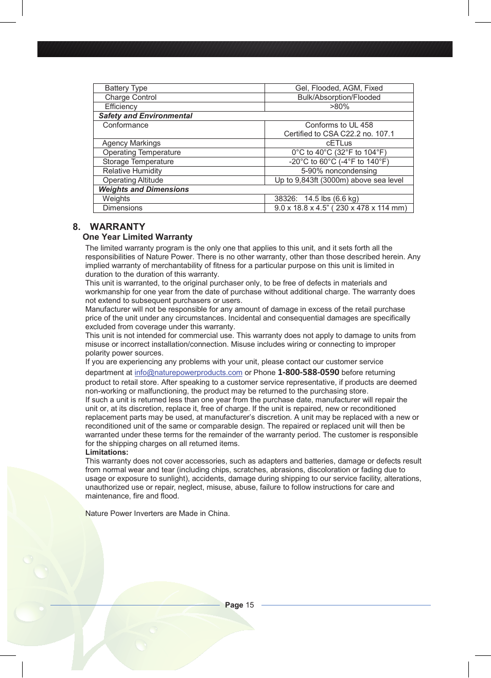 Nature Power Inverter 2000W with 55Amp Inverter Charger (38326) User Manual | Page 15 / 16