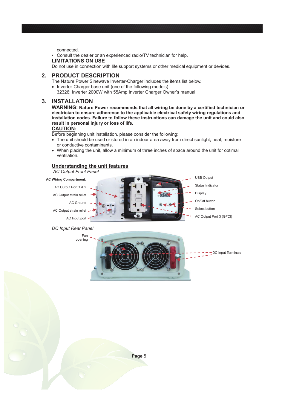 Product description, Installation | Nature Power Inverter 2000W with 55Amp Inverter Charger (38326) User Manual | Page 5 / 16