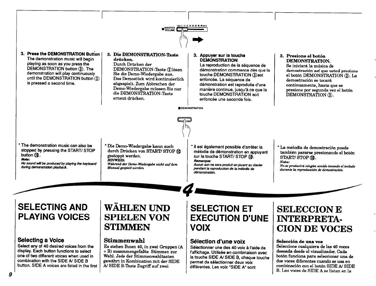 Pross the demonstration button, Appuyer sur la touche demonstration, Stimmenwahl | Wahlen und spielen von stimmen, Seleccion e interpreta­ cion de voces, Selecting and playing voices, Selection et execution d'une voix | Yamaha PSR-8 User Manual | Page 10 / 28