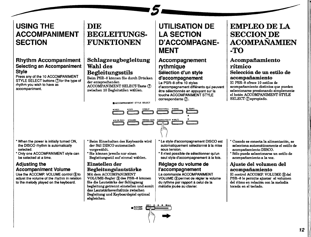 Selección de un estilo de acompañamiento, Einstellen der begleitungslautstärke, Ajuste del volumen del acompañamiento | Die begleitungs­ funktionen, Empleo de la seccion de acompañamien -to, Rhythm accompaniment, Accompagnement rythmique | Yamaha PSR-8 User Manual | Page 13 / 28
