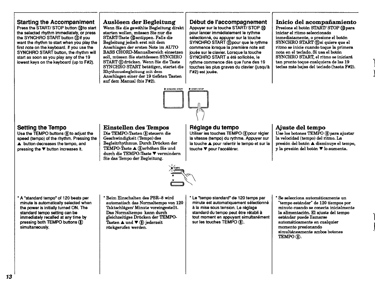 Starting the accompaniment, Auslösen der begleitung, Début de l'accompagnement | Inicio del acompañamiento, Setting the tempo, Einstellen des tempos, Réglage du tempo, Ajuste del tempo, Starting the accompaniment setting the tempo, Auslösen der begleitung einstellen des tbmpos | Yamaha PSR-8 User Manual | Page 14 / 28