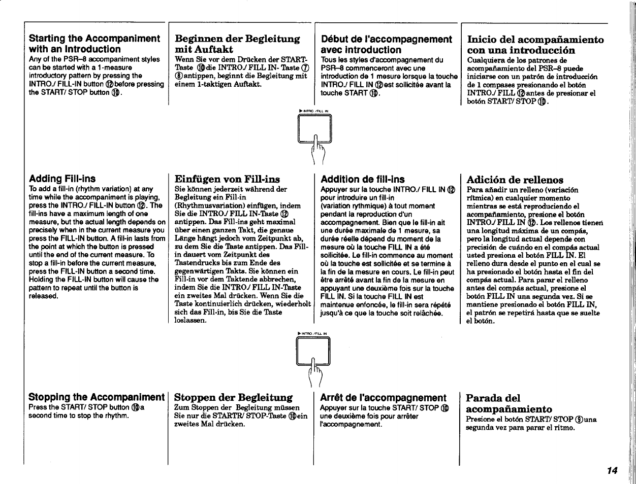 Beginnen der begleitung mit auftakt, Einfügen von fill-ins, Stoppen der begleitung | Inicio del acompañamiento con una introducción, Adición de rellenos, Parada del acompañamiento, Einfügen von pill-ins stoppen der begleitung, Adición de rellenos parada del acompañamiento | Yamaha PSR-8 User Manual | Page 15 / 28