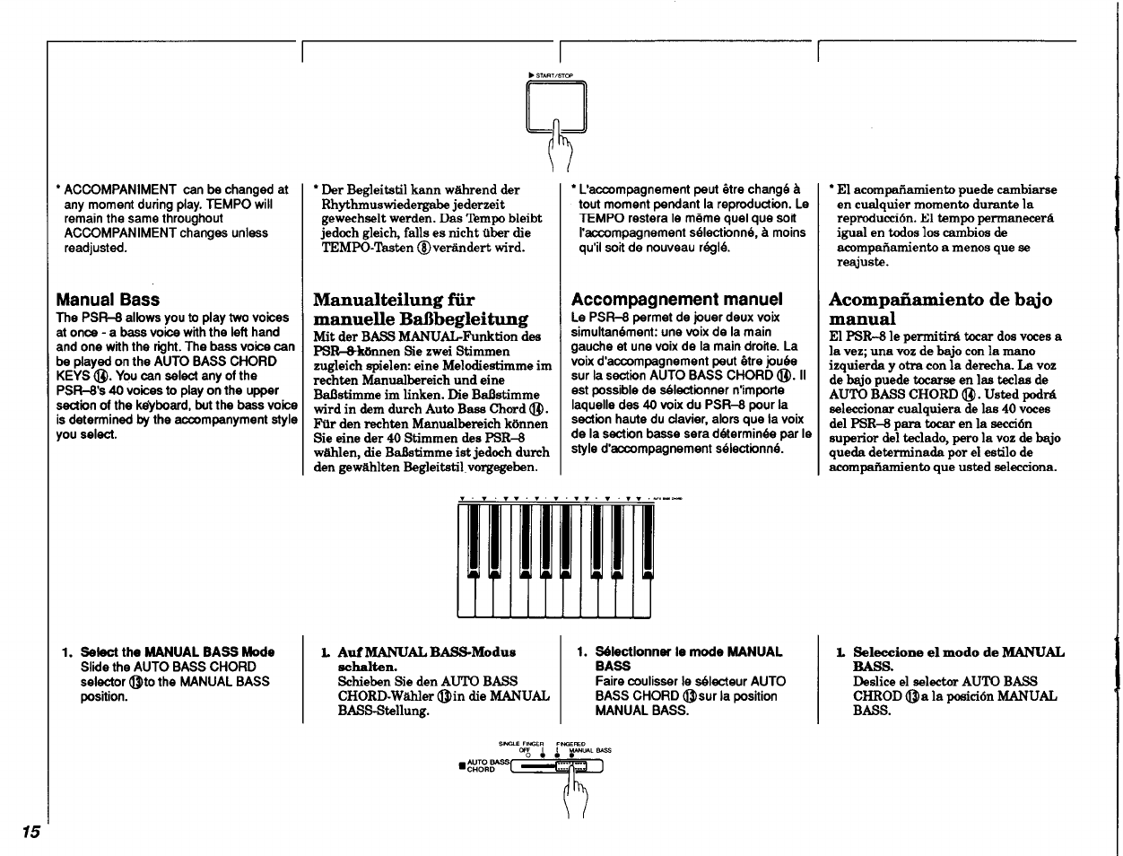 Manual bass, Manualteilung für manuelle baßbegleitung, Accompagnement manuel | Acompañamiento de bsgo manual, D'accompagnement | Yamaha PSR-8 User Manual | Page 16 / 28