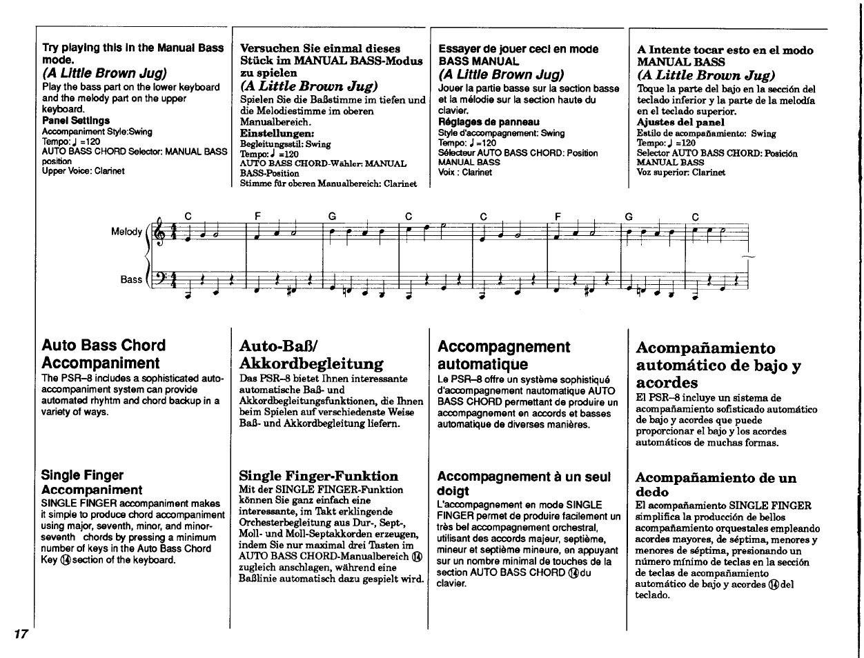 Try playing this in the manual bass mode, Réglages de panneau, Single finger-funktion | Acompañamiento de un dedo, Auto bass chord accompaniment, Accompagnement automatique, A little brown jug), Auto-baß/ akkordbegleitung, Acompañamiento automático de bajo y acordes | Yamaha PSR-8 User Manual | Page 18 / 28