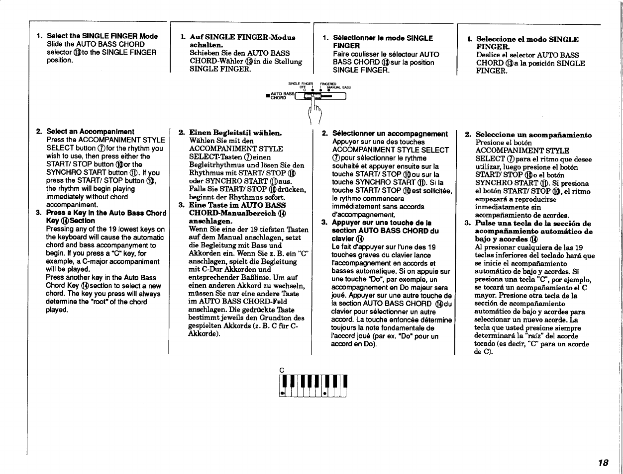 Select the single finger mode, Sélectionner le mode single finger, Select an accompaniment | Press a key in the auto bass chord key ® section, Sélectionner un accompagnement | Yamaha PSR-8 User Manual | Page 19 / 28