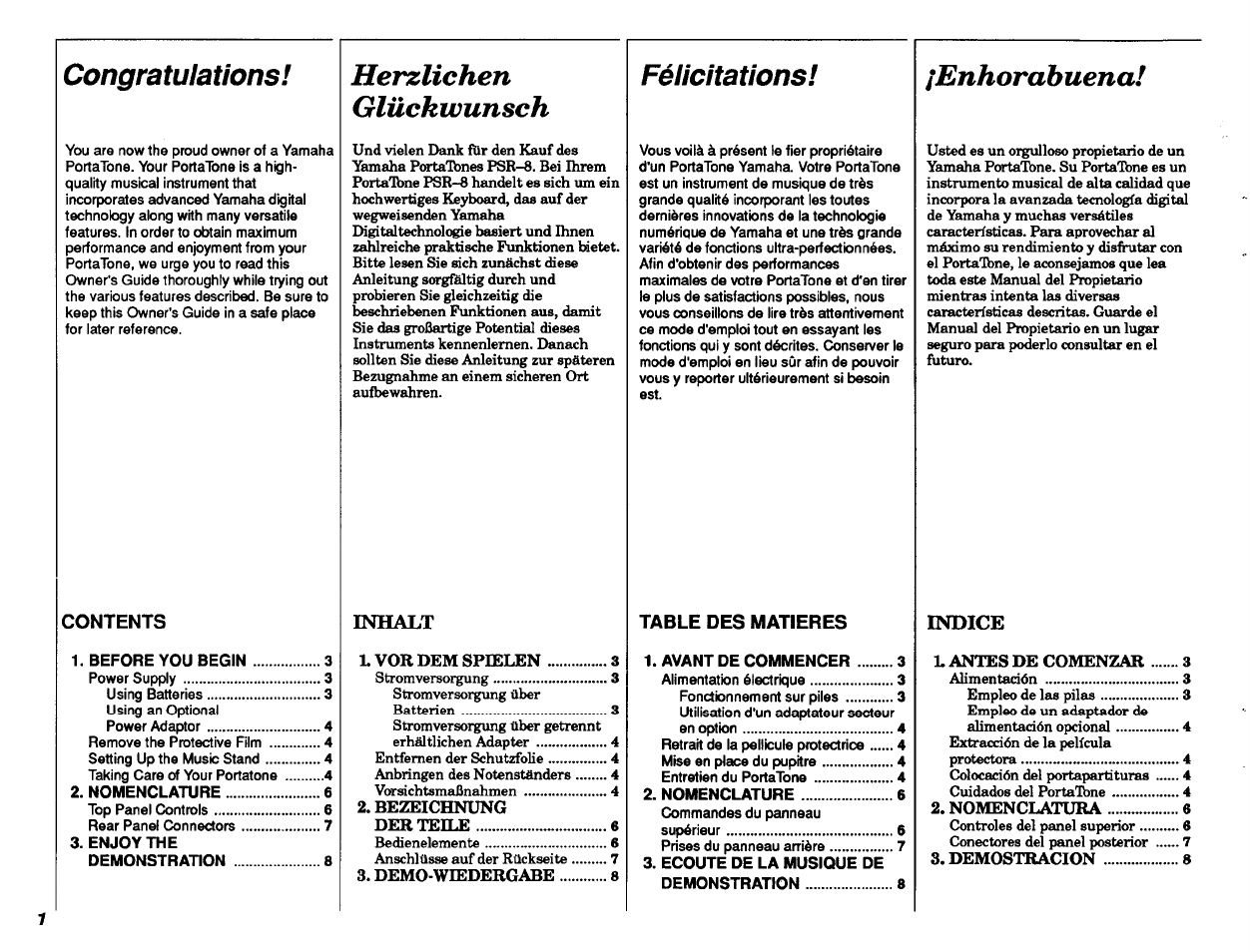 Enhorabuena, Herzlichen glückwunsch, Félicitations | Indice | Yamaha PSR-8 User Manual | Page 2 / 28