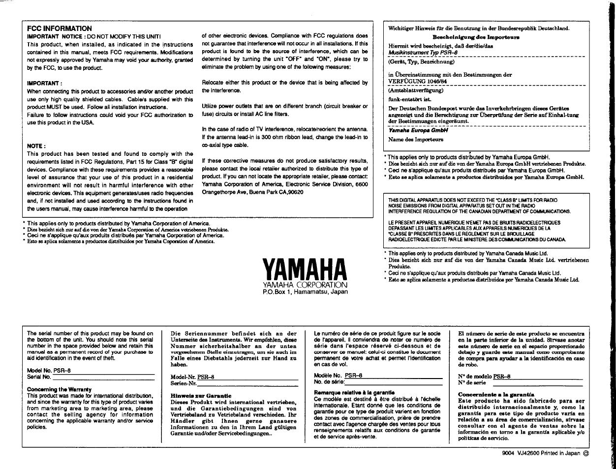 Fcc information, Yamaha | Yamaha PSR-8 User Manual | Page 28 / 28