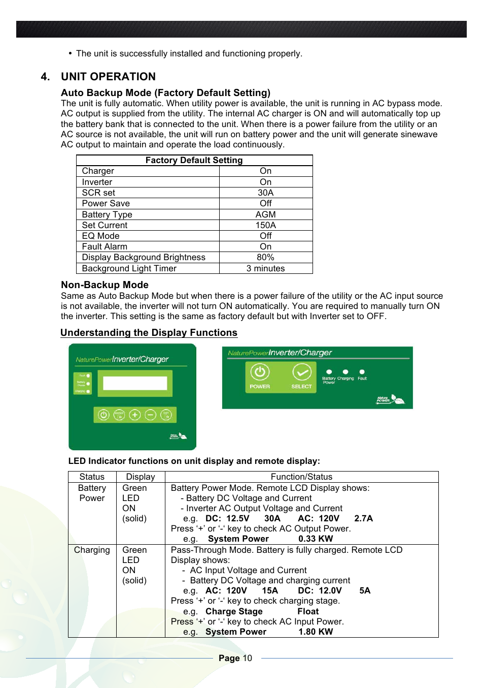 Unit operation | Nature Power 3000W Pure Sine Inverter Charger (38330) User Manual | Page 10 / 16