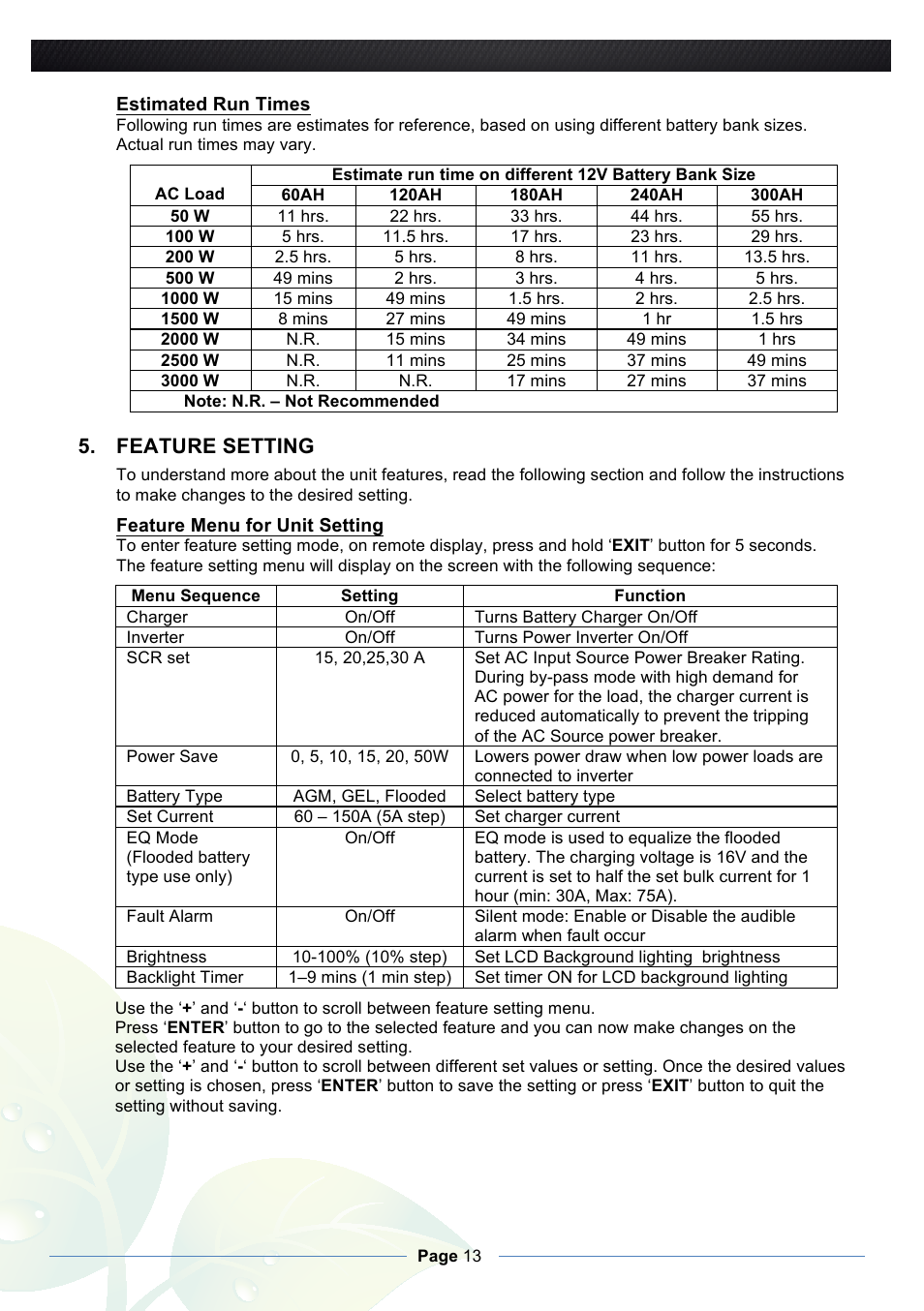 Feature setting | Nature Power 3000W Pure Sine Inverter Charger (38330) User Manual | Page 13 / 16