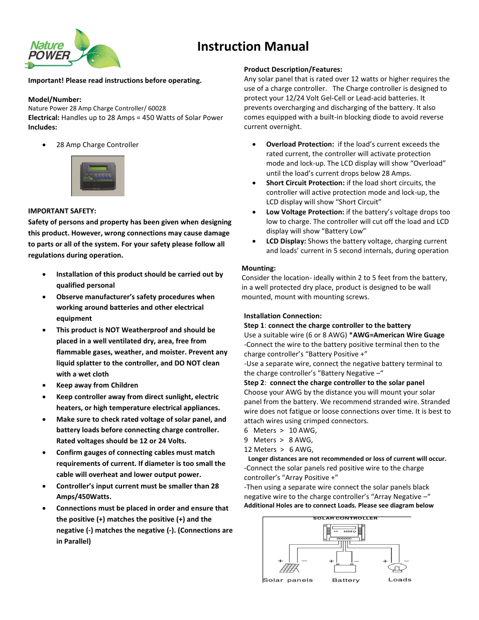 Nature Power 2 8  Amp  Charge  Controller (60028) User Manual | 2 pages