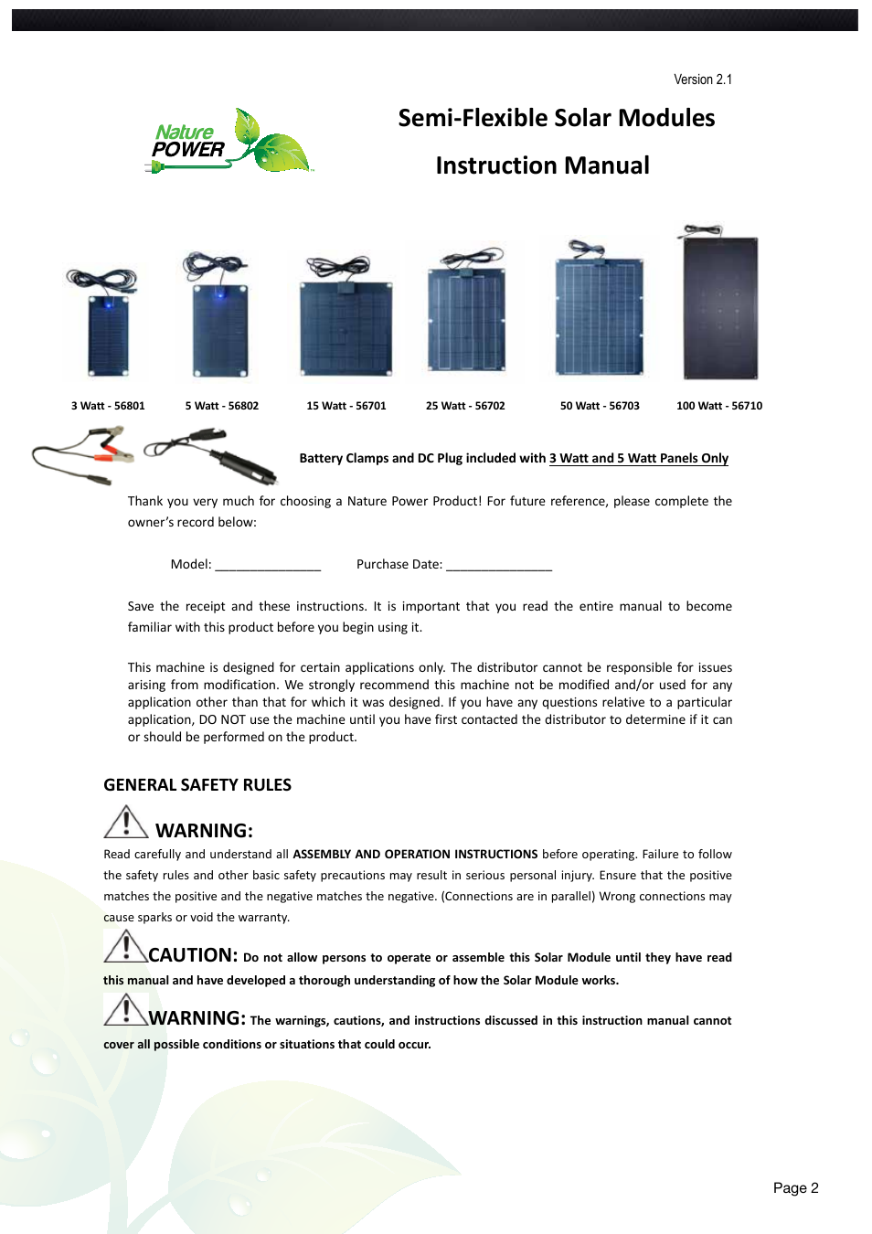 Semi-flexible solar modules instruction manual, Warning, Caution | General safety rules | Nature Power 3 Watt Semi Flex Solar Panel (56801) User Manual | Page 2 / 12