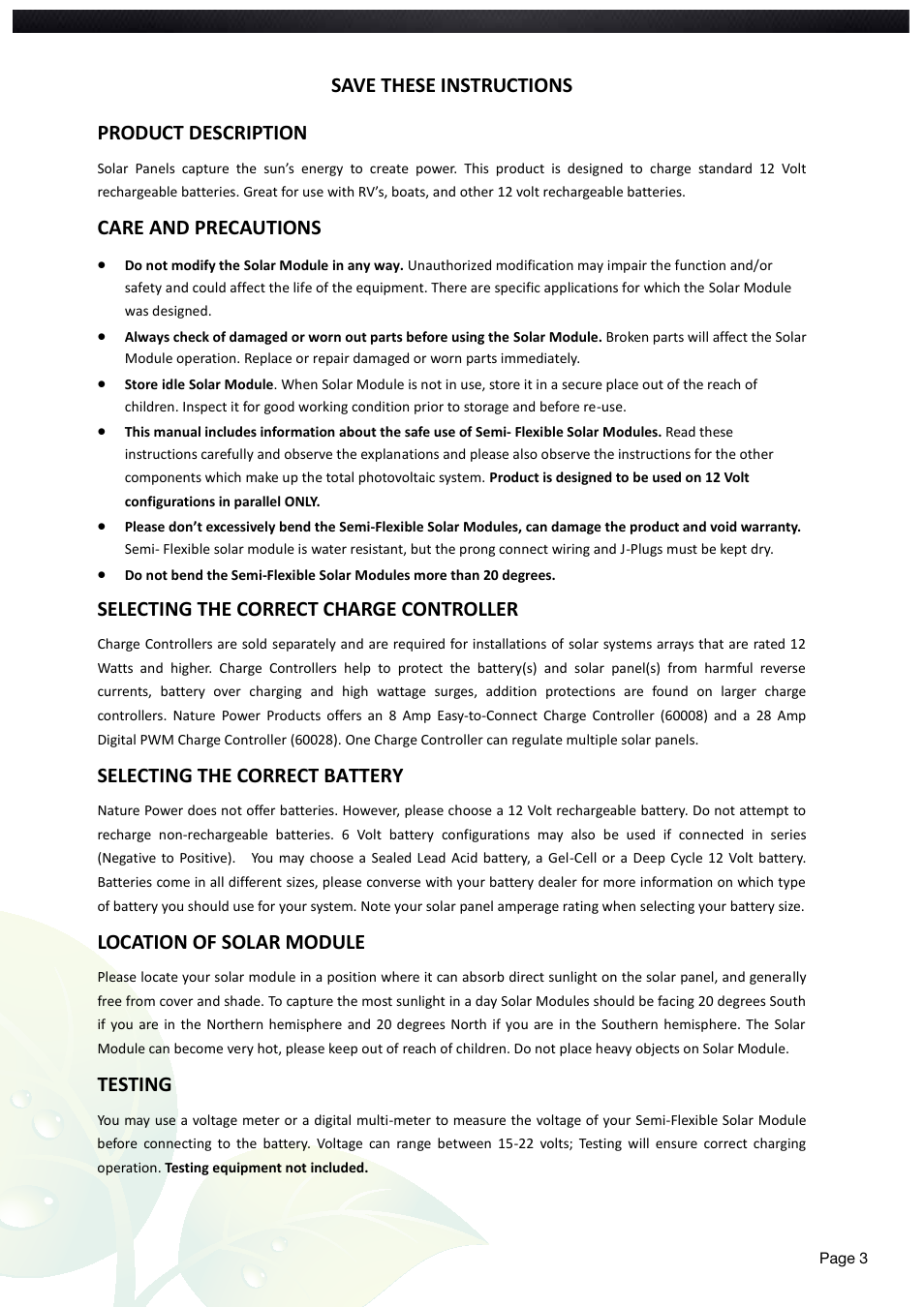 Save these instructions product description, Care and precautions, Selecting the correct charge controller | Selecting the correct battery, Location of solar module, Testing | Nature Power 3 Watt Semi Flex Solar Panel (56801) User Manual | Page 3 / 12