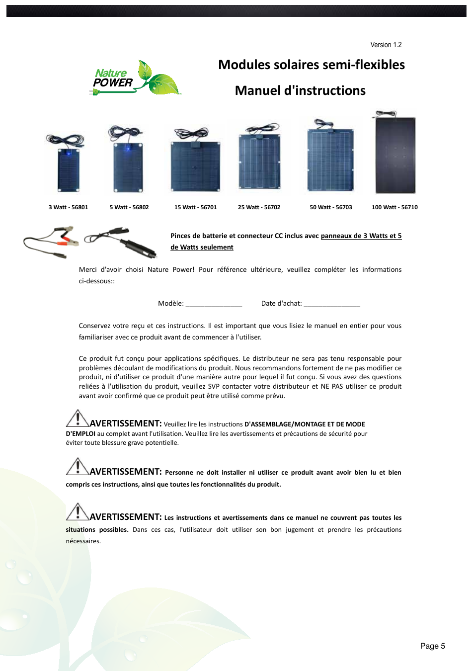 Avertissement | Nature Power 3 Watt Semi Flex Solar Panel (56801) User Manual | Page 5 / 12