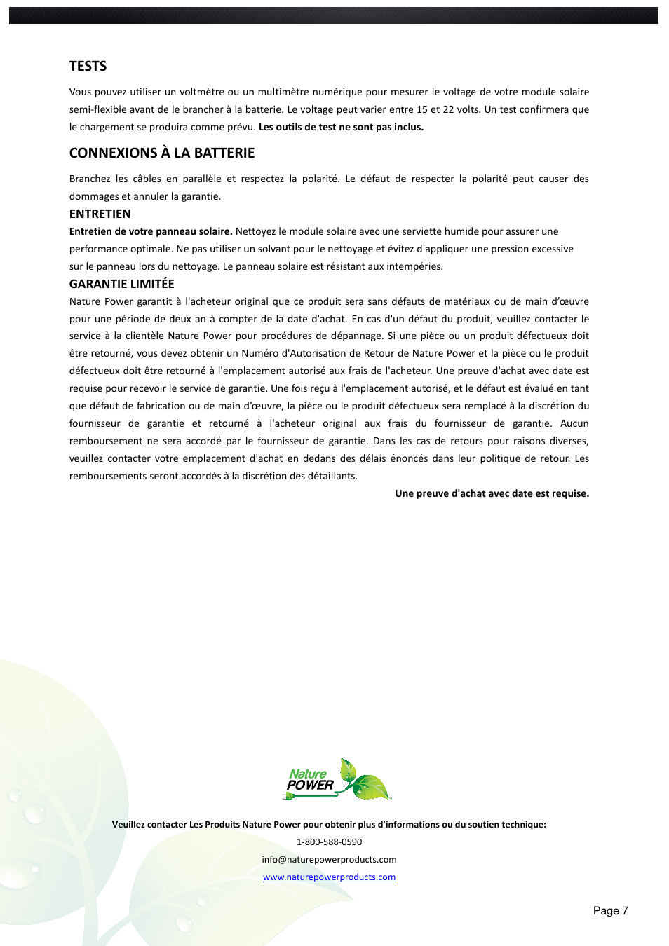 Tests, Connexions à la batterie, Entretien | Garantie limitée | Nature Power 3 Watt Semi Flex Solar Panel (56801) User Manual | Page 7 / 12