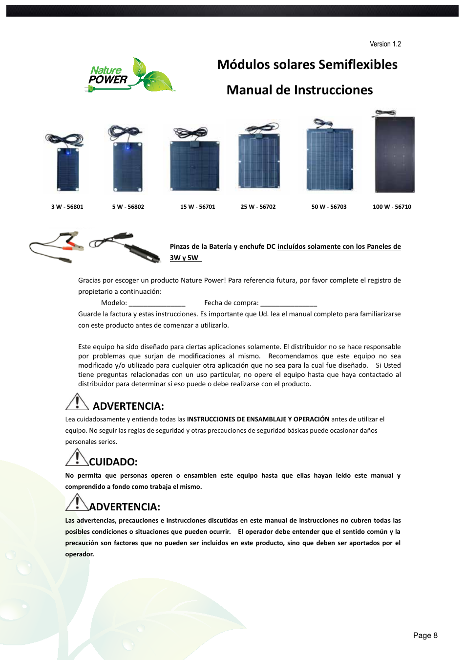 Advertencia, Cuidado | Nature Power 3 Watt Semi Flex Solar Panel (56801) User Manual | Page 8 / 12