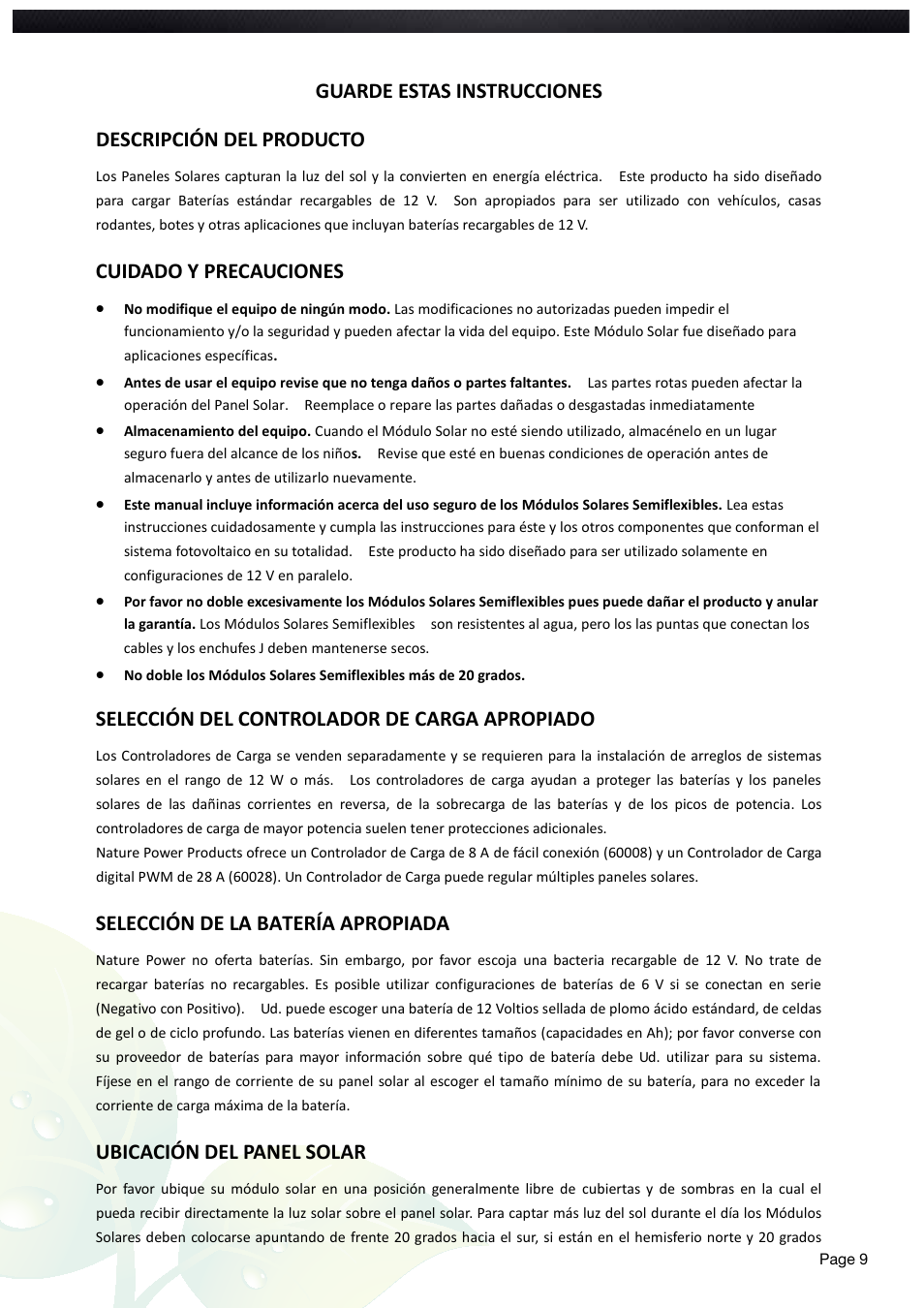 Cuidado y precauciones, Selección del controlador de carga apropiado, Selección de la batería apropiada | Ubicación del panel solar | Nature Power 3 Watt Semi Flex Solar Panel (56801) User Manual | Page 9 / 12