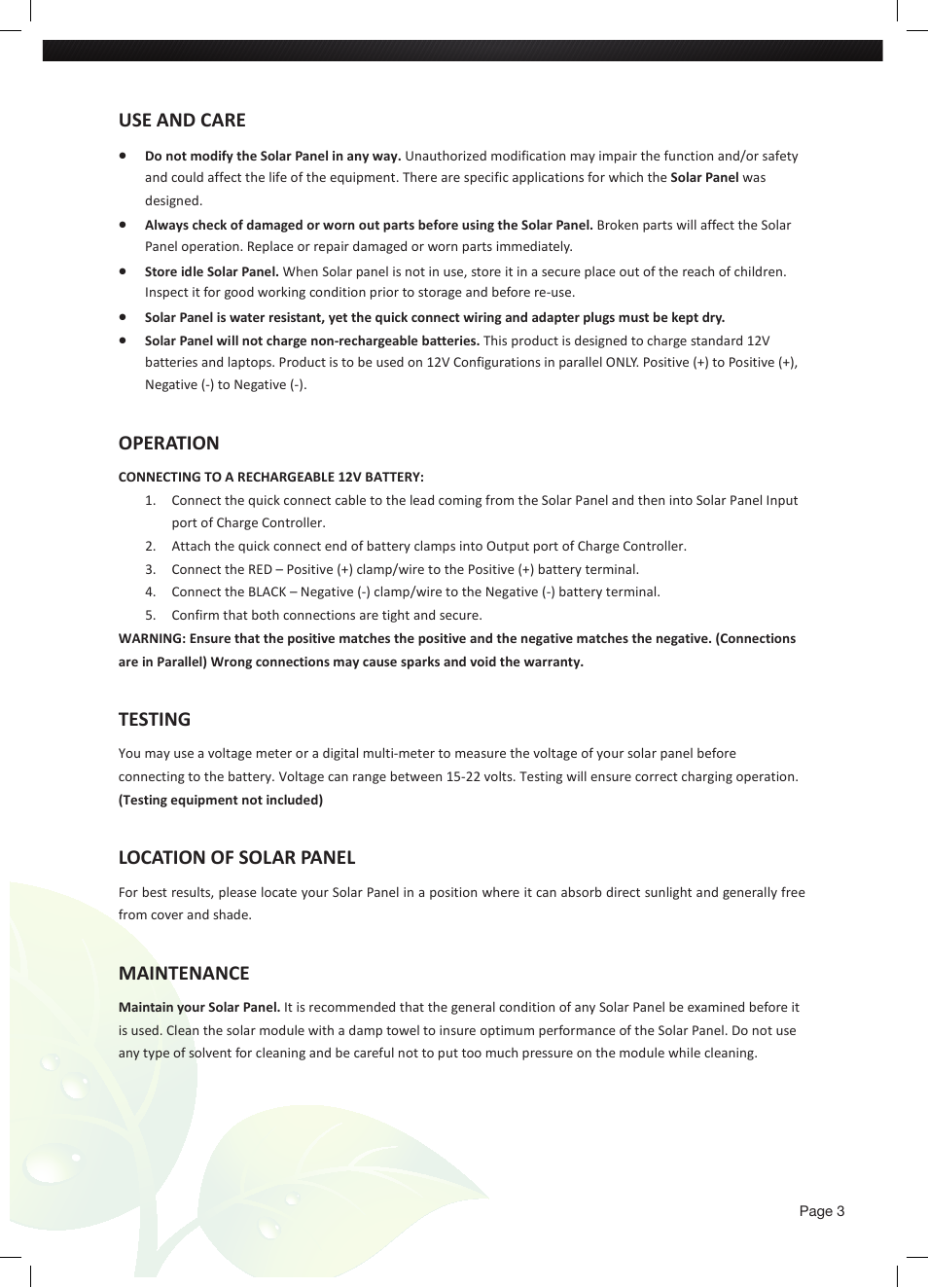 Use and care, Operation, Testing | Location of solar panel, Maintenance | Nature Power 40 WATT FOLDING SOLAR BRIEFCASE (55701) User Manual | Page 3 / 4