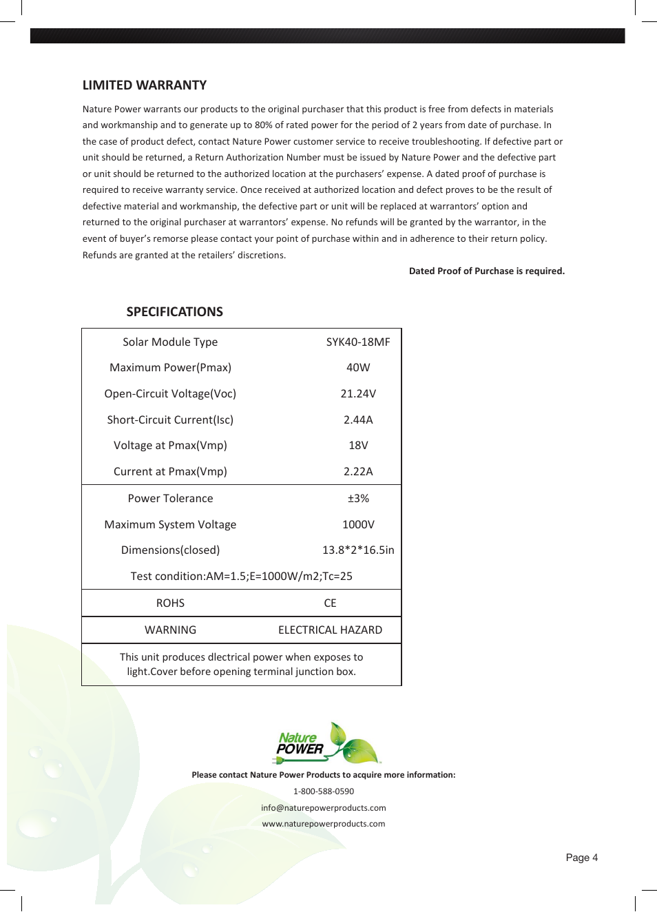 Limited warranty, Specifications | Nature Power 40 WATT FOLDING SOLAR BRIEFCASE (55701) User Manual | Page 4 / 4