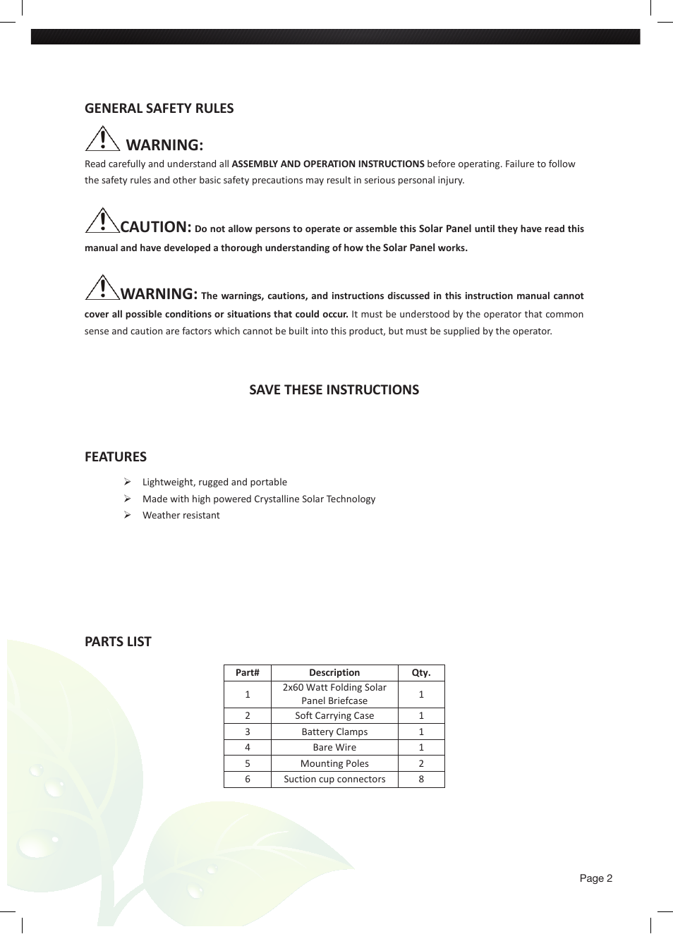 Warning, Caution, General safety rules | Save these instructions features, Parts list | Nature Power 120 WATT FOLDING SOLAR BRIEFCASE (55702) User Manual | Page 2 / 4