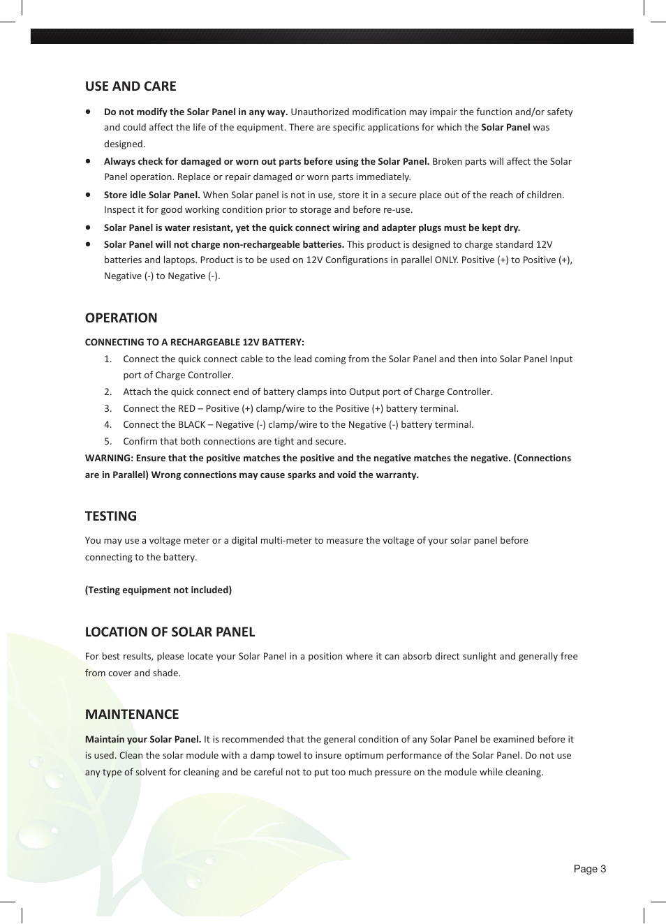 Use and care, Operation, Testing | Location of solar panel, Maintenance | Nature Power 120 WATT FOLDING SOLAR BRIEFCASE (55702) User Manual | Page 3 / 4