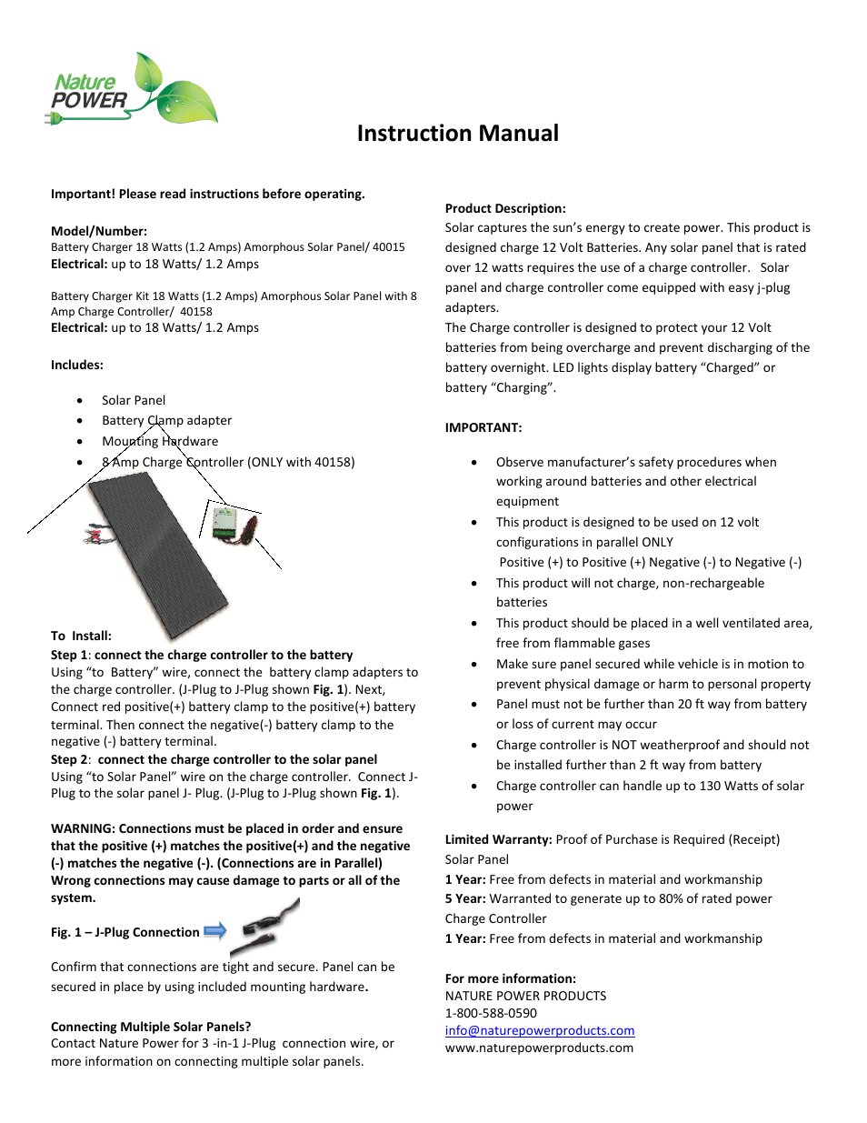 Nature Power 18 Watt Solar Battery Charger (40015) User Manual | 1 page