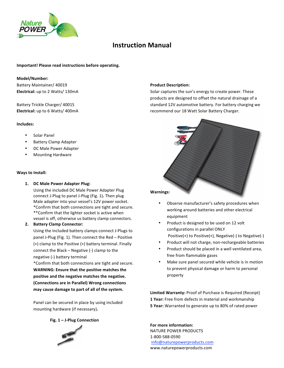 Nature Power 2 Watt Solar Battery Maintainer (40019) User Manual | 1 page