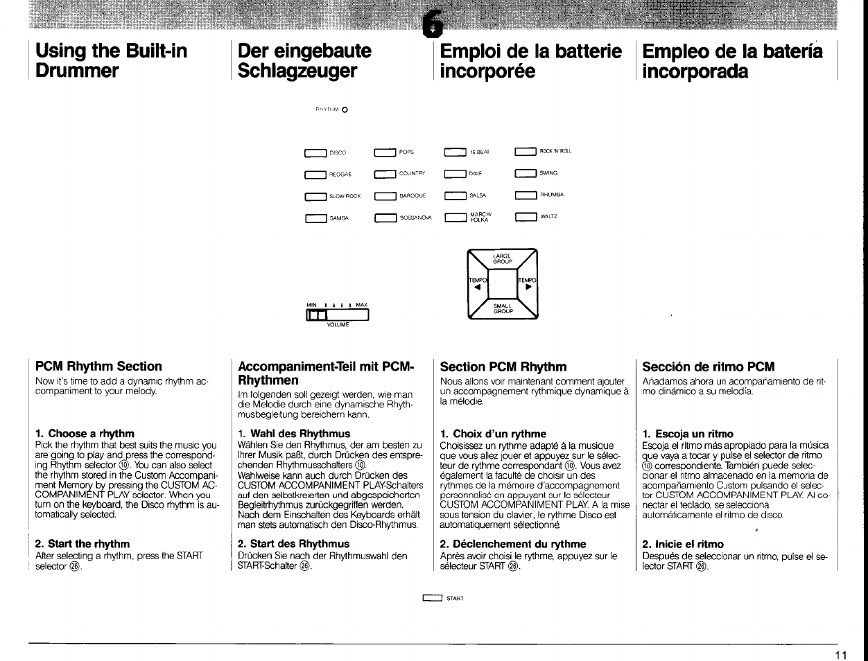 Emploi de la batterie incorporée, Empleo de la batería incorporada, Pcm rhythm section | Choose a rhythm, Start the rhythm, Accompaniment-teil mit pcm- rhythmen, Wahl des rhythmus, Start des rhythmus, Section pcm rhythm, Choix d’un rythme | Yamaha PSR-80 User Manual | Page 13 / 35