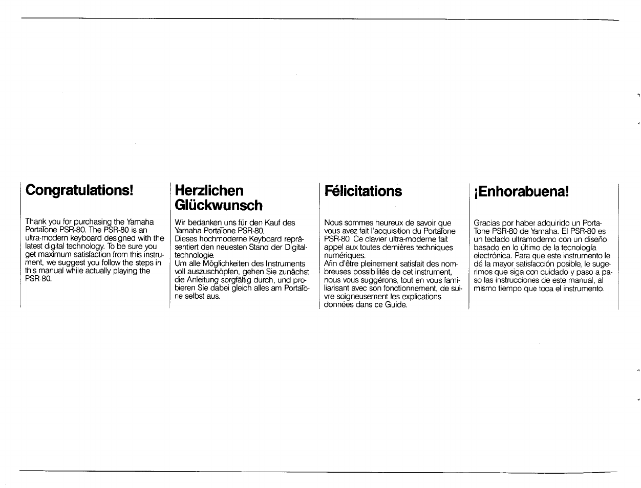 Congratulations, Herzlichen, Glückwunsch | Félicitations, Enhorabuena, Herzlichen glückwunsch | Yamaha PSR-80 User Manual | Page 2 / 35