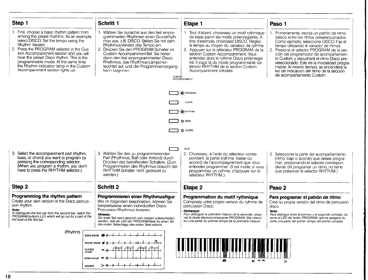 Step 1, Schritt 1, Etape 1 | Paso 1, Step 2 schritt 2 etape 2 paso 2 | Yamaha PSR-80 User Manual | Page 20 / 35